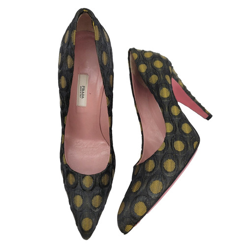 Prada taglia 6 5 tacco alto in rilievo nero art deco giallo senape a pois