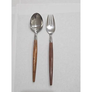 Vintage Dutch Holland MCM Stainless Holland Spoon and Fork Set Teak Wood Handle - Picture 1 of 5