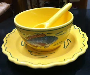 Platillo de tazón vintage cuchara condimento cerámica pintado a mano pescado único firmado - Imagen 1 de 8