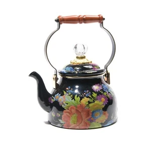 MacKENZIE CHILDS 2 QT BLACK FLOWER MARKET TEA KETTLE BNIB - Picture 1 of 5