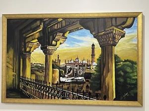 Hand painted with Oil paints - Mughal Badshahi mosque Lahore. Framed - Picture 1 of 4