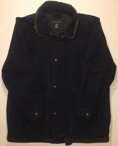 Banana Republic Chore Coat Barn jacket Navy Blue Leather Collar Mens L Large - Picture 1 of 9