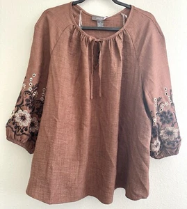 Olivia Martin Woven Peasant Top Blouse Shirt Boho Embroidered Brown Plus Size 2X - Picture 1 of 4