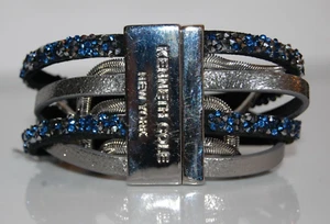 KENNETH COLE ELEGANT LARGE LEATHER & SILVER TONED FLOWING METAL CHAINS BRACELET - Picture 1 of 9