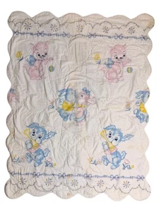Vintage Pink & Blue Darling Baby Blanket Bunny Puppy & Kittens Unbranded - Picture 1 of 2
