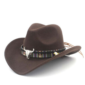 Unisex Wool Western Cowboy Hat Wide Brim Cowgirl Jazz Sombrero Cap Tassel Ribbon