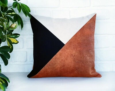 Terracotta-black-beige color diagonal distressed leather look pillow cover - Image 1 of 4