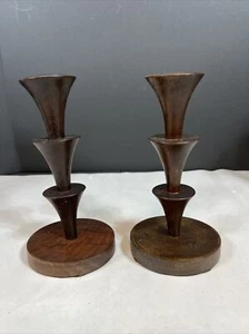 Pair  Dark Olive Wood Carved Candle Holders Beautiful MCM Modern 7” - Picture 1 of 4
