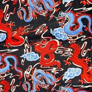 Dragons in Red and Blue on Black 100% Cotton Fabric 1 3/4 Yards by Fabri-Quilt  - Picture 1 of 4