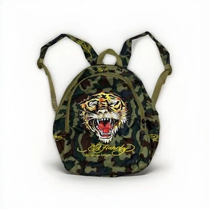 Ed Hardy Christian Audigier Vintage 2000's Y2K Green Camouflage Tiger Backpack - Picture 1 of 11