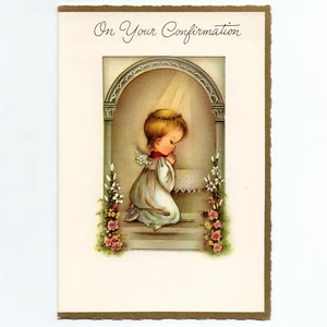 Tarjeta CONFIRMACIÓN Norcross Vintage Sin Usar, Arco Flor Rosa Rezando Ángel Niño - Imagen 1 de 6