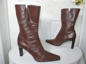 ENZO DI SIENA WOMEN’S BRN LEATHER HEEL MID-CALF ZIP BOOTS 41 US 10 MADE IN ITALY - Picture 1 of 7