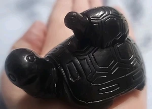 Hand Carved Black stone Obsidian? Turtle with Baby On Back Figurine 3.5 X 2in - Picture 1 of 9