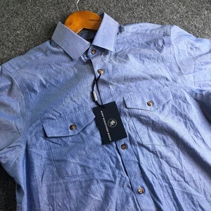 Hart Schaffner Marx Shirt Mens Small Blue Short Sleeve Button Flap Herringbone - Picture 1 of 8