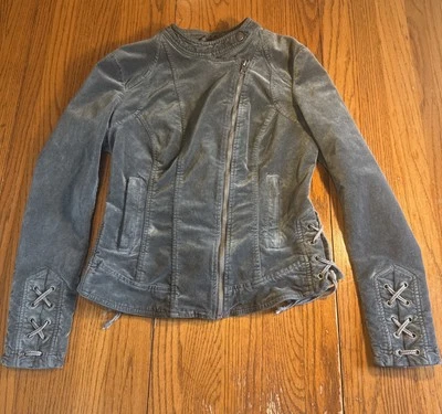 Women’s BNCI Blanc Noir Faux Suede Distressed Moto Jacket Velvet  Size S Grey - Image 1 of 4