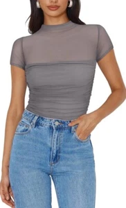 Women Sexy Mock Neck Short Sleeve Shirts Sheer Mesh Ruched Crop Tops Size S - Picture 1 of 4