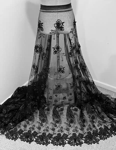 BLACK Peacock Embroidery Rhinestone Lace Fabric 50” Width Sold By Yard - Picture 1 of 4