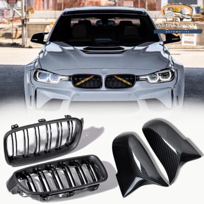 Side Mirror Caps w/Carbon Fiber Kidney Grill For 12-18 BMW 3-Series F30 F31 320i - Image 1 of 4