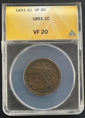 1851 Braided Hair Large Cent 1C ANACS Very Fine 20 Brown - Image 1 of 4