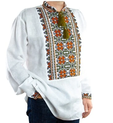 VYSHYVANKA Mens Ukrainian Embroidery LINEN white brown st patricks day shirt - Image 1 of 4