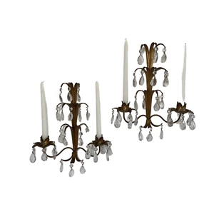 Mid 20th Century Italian Gilded Tole and Crystals Candle Sconces - A Pair - Picture 1 of 12