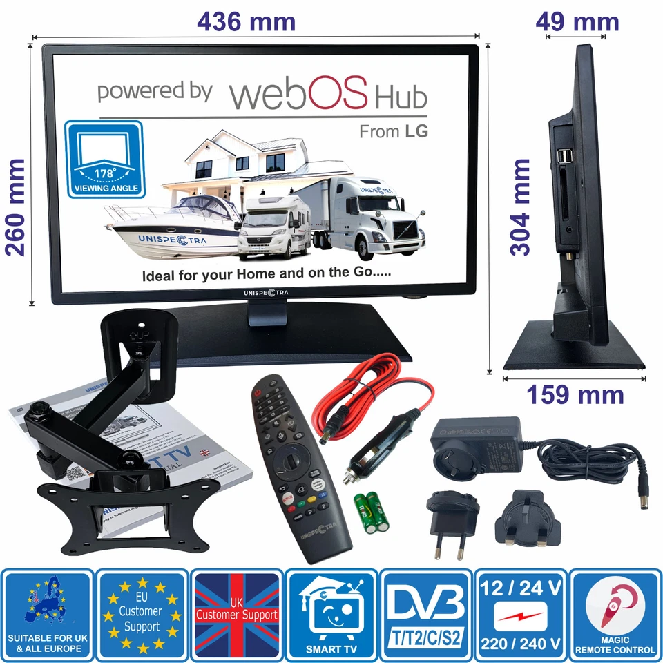 Unispectra® 19" Smart TV (LG webOS) Magic Remote 12V 240V Motorhome Truck Boat - Image 1 of 4