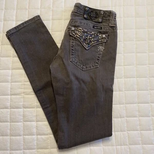 Miss Me Gray Rhinstone Embellished Skinny Flap Back Pocket Denim Jeans Size 28 - Picture 1 of 10