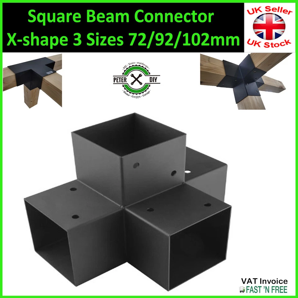 PERGOLA BLACK Square Beam Post Connector Bracket X-shape 3 Sizes 72/92/102mm - Image 1 of 1