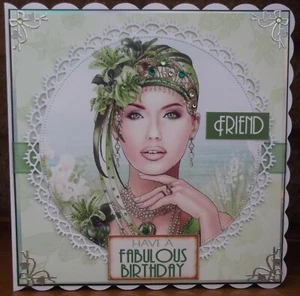 AUCTION SALE HANDMADE ART DECO BIRTHDAY CARD FRIEND SPRING LADY IN GREEN DESIGN - Picture 1 of 4