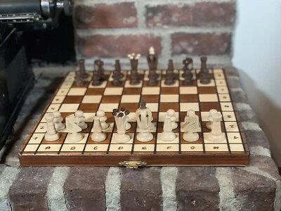 Wooden Chess Set Portable Wood Board Hand Carved Folding Game Vintage Pieces - Image 1 of 4