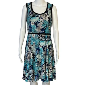 Tommy Hilfiger Blue Tropical Floral Palm Sleeveless Stretch A Line Dress Sz 12 - Picture 1 of 10