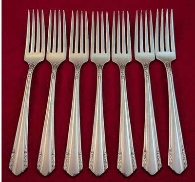 Juego de 7 tenedores de cena MALIBU plateados Wm A Rogers A1 Plus Oneida Ltd 1934 Foto 1 de 4