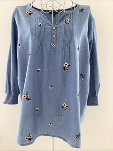 100 % Baumwolle Damen blau mit bestickten Blumen Top/Bluse UK 16 von Bonmarche - Bild 1 von 23