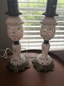 2 Vintage Moser Pink Bohemian Czech Cut to Clear hand painted Glass Lamps - Picture 1 of 19