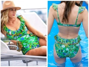 Aerie Ruffle Cut Out One Piece Swimsuit Green Retro Floral Medium Long New Nwot - Picture 1 of 7