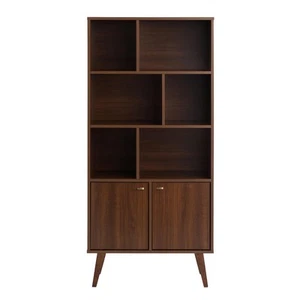 Milo Mid-Century Modern Bookcase with Six Shelves, Two Doors, and Brushed Bra... - Picture 1 of 7
