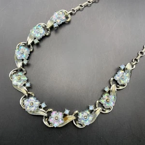 Coro Blue Flower Necklace Molded Pressed Glass Rhinestone Silver Tone Vintage - Picture 1 of 10