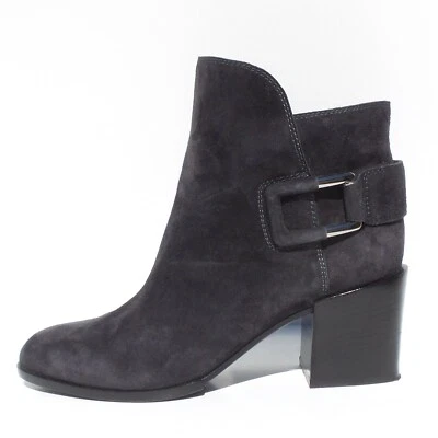 SERGIO ROSSI Charcoal Gray Suede Silver Buckle Stacked Block Heel Ankle Boots 36 - Image 1 of 4