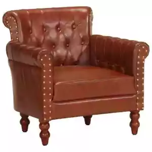 Real Leather Armchair Brown Vintage Style Lounge Sofa Accent Chair Furniture - Picture 1 of 9