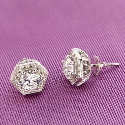 Aretes con forma de octágono vintage de circonitas redondas de 4,5 quilates en plata 925 push back Foto 1 de 4