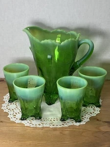 Antique Jefferson Glass Pitcher & Tumblers Swag with Brackets Green Opalescent - Picture 1 of 9