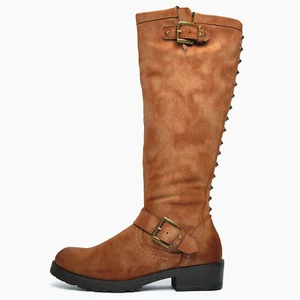 Divaz Luxe Courtney Womens Fashion Casual Knee High Zip Up Buckle Boots Tan