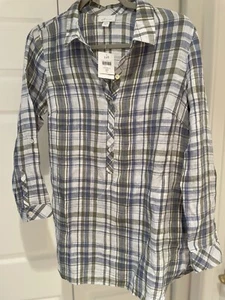 NWT J.Jill Love Linen Plaid Pop Over 3/4 Button Down Tunic Tab Sleeves Top Sz PS - Picture 1 of 12