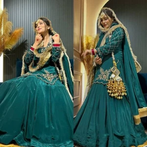 Function Wear Teal Green Crepe Silk Top Lehenga With Dupatta For Women & Girls - Picture 1 of 15