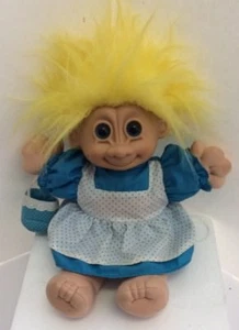 Vintage Russ TROLL Toy Doll Plush Yellow Hair Blue Eyes White Blue Dotted Dress - Picture 1 of 10