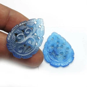 Pear Shape 46.45 cts Handmade Blue Agate Gemstone Filigree Carving 38x26x3.5 mm  - Picture 1 of 2