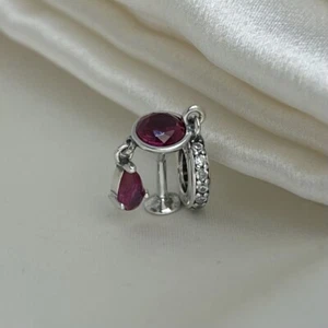 Sterling Silver 925 Enamel European Pink & White CZ Spilled Wine Glass Cup Charm - Picture 1 of 6