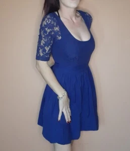Topshop Cobalt Blue Lace Long Sleeve Tie Up Bow Dress UK Size 10 / US 6 / EU 38 - Picture 1 of 8