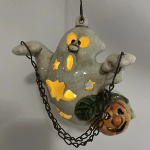 Vtg Halloween Spooky Ghost Hangable Ceramic Tealight Candle Holder Pumpkin 6.5in - Picture 1 of 12