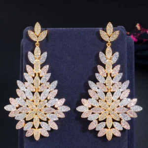 Luxury Multi-Tone Gold Plated Cubic Zircon Long Leaf Dangle Chandelier Earrings - Picture 1 of 12